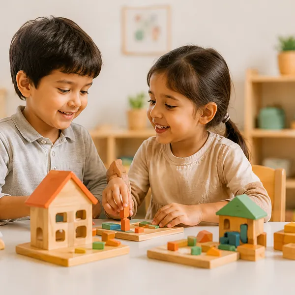 Two children building together with wooden toy houses at a kindergarten table