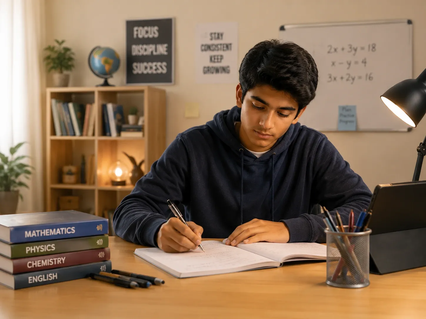 A student working through a problem with focused attention at The Foundation
